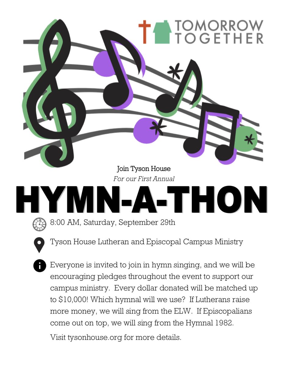 tysonhouse's tweet photo. Tyson House is hosting its first Hymn-A-Thon fundraiser! We'll sing the first line of every hymn from the Lutheran or the Episcopal hymnal depending on what denomination donates the most! Find out more at https://t.co/E7bgyJhwxQ! 1/2 https://t.co/Tz5mN53eMn