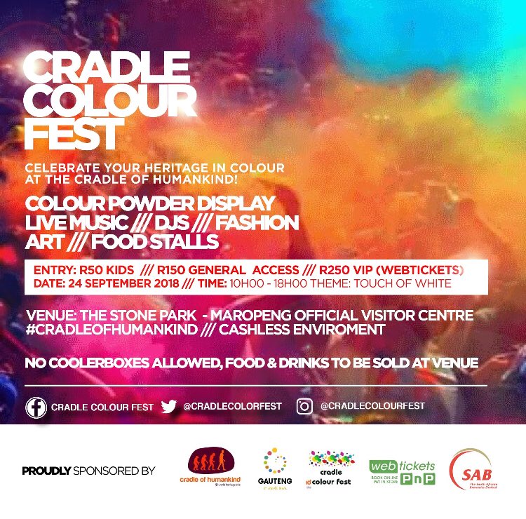 Join in on heritage day celebrations this year at the cradle color fest, promises to be a groove  and full of color. Literally 🌈 🇿🇦 ❤️ 

#welovecradle #400spots #4millionmemories #colorfestival #africa #cradleofhumankind #TravelchatSA #wedotourism