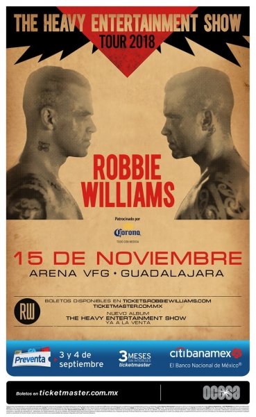 NotasEnDirecto's tweet photo. @robbiewilliams  ANUNCIA CONCIERTO
EN #GUADALAJARA COMO PARTE DE SU GIRA "HEAVY ENTERTAINMENT SHOW"
15 DE NOVIEMBRE DE 2018 – ARENA VFG
PREVENTA CITIBANAMEX 3 Y 4 DE SEPTIEMBRE
VENTA GENERAL: 5 DE SEPTIEMBRE 
Sistema Ticketmaster México https://t.co/QE39kqjKCV