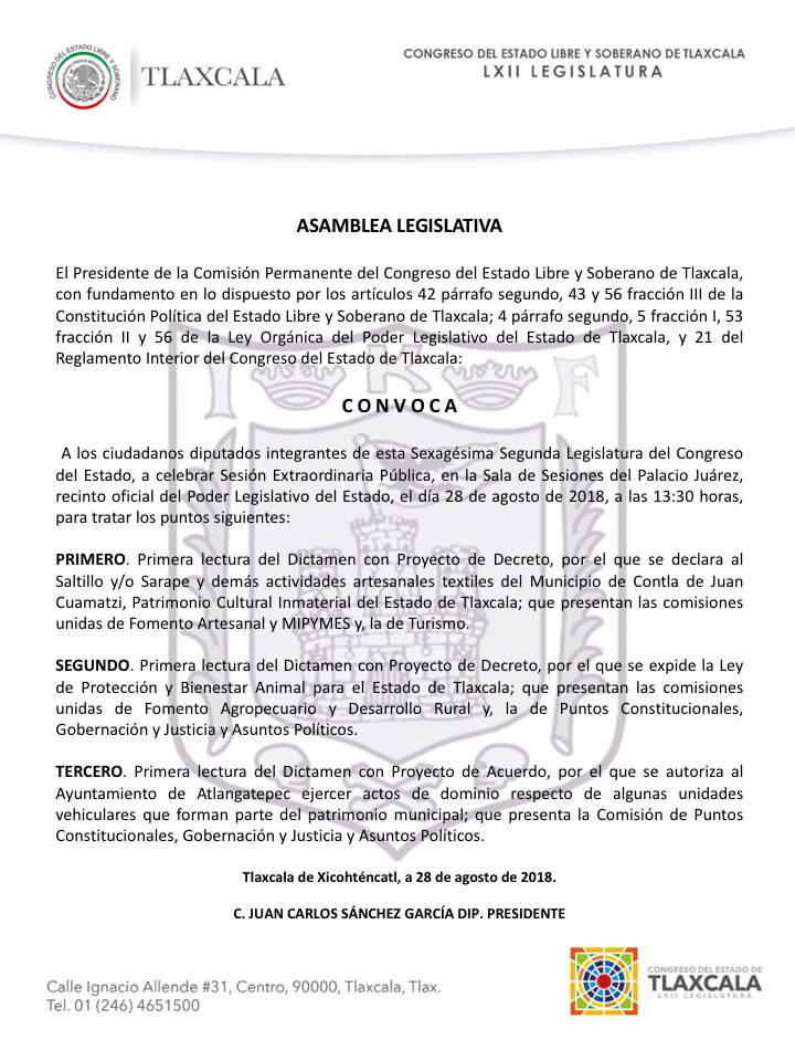 Esta tarde tendremos Asamblea Legislativa con la Comisión Permanente, convocada por el Presidente @JcSagaTlax, para tratar los siguientes puntos: #LegislamosContigo