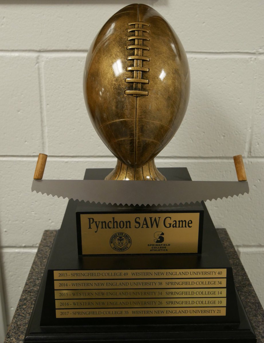 SC_Pride's tweet photo. Come Friday night, the Pynchon SAW Trophy will once again be up for grabs as #SpringfieldCollege and WNE will battle for the sixth time #d3fb 🏈🏆🔥 https://t.co/kJqqEuqDiQ