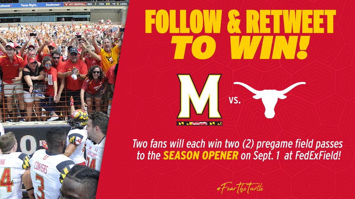 TerpsFootball's tweet photo. WIN: Your chance to watch pregame from the sideline! 
WHEN: Season Opener vs. Texas this Saturday (9/1)
HOW: Follow &amp; RT this post

Winners will be selected tomorrow night. #FTT #BeatTexas https://t.co/JHfUCiXM5q