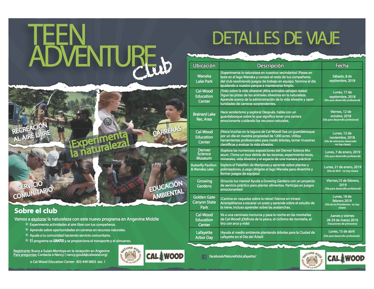 We're looking forward to the club fair tonight at <a href="/AngevineMS/">Angevine MS</a>! We will be promoting our NKJN Teen Adventure Club through <a href="/Nature_Kids_CO/">Nature Kids</a> Come check it out and join our club! #calwoodeducationcenter #environmentaleducation #scienceoutside