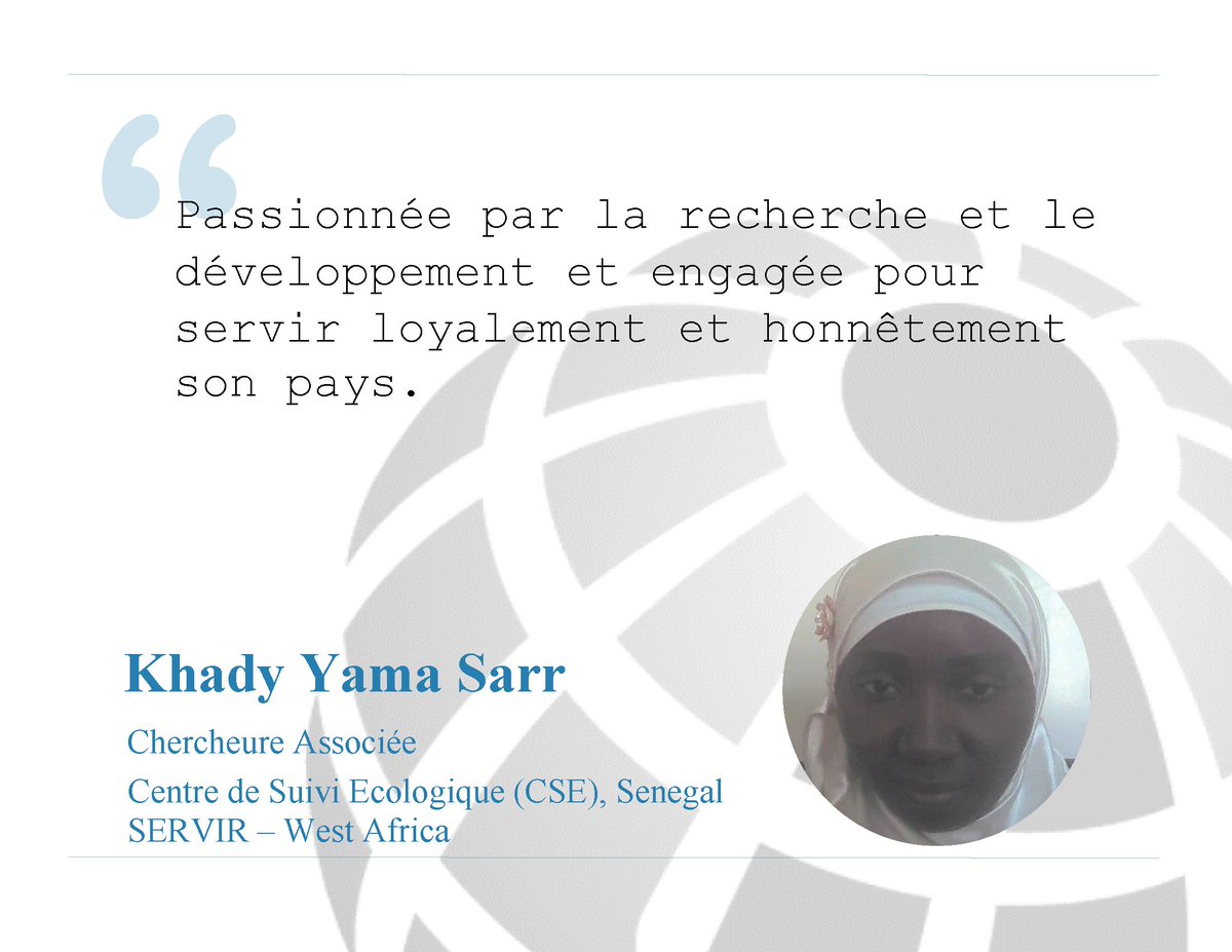 SERVIRGlobal's tweet photo. Learn how Khady Yama Sarr is using #EarthObservation data to help pastoralists in the Ferlo region of #Senegal find water for livestock during the dry season, a task more difficult w/ a changing #climate (profile in French):
https://t.co/8SuLhmumqw
#WorldWaterWeek2018
#WWWeek https://t.co/UhcjdRhhX5
