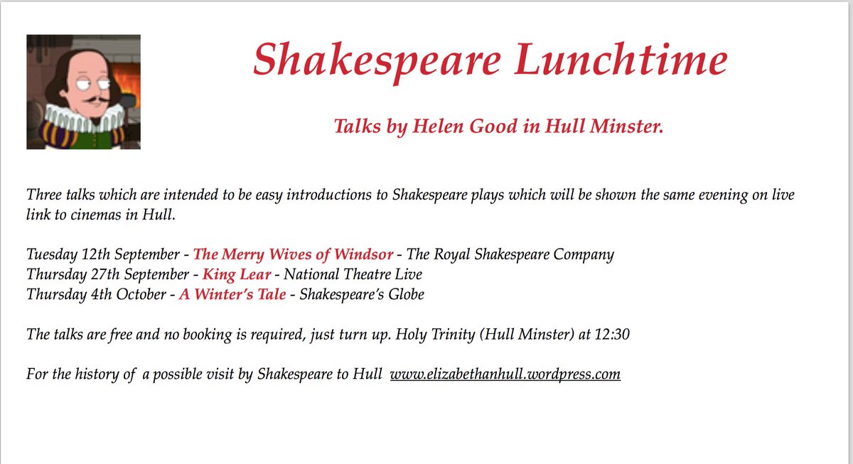 Still trying to teach Shakespeare, but with talks this time rather than workshops. <a href="/HullMinster/">Hull Minster</a> Now all I have to do is write the three lectures.
