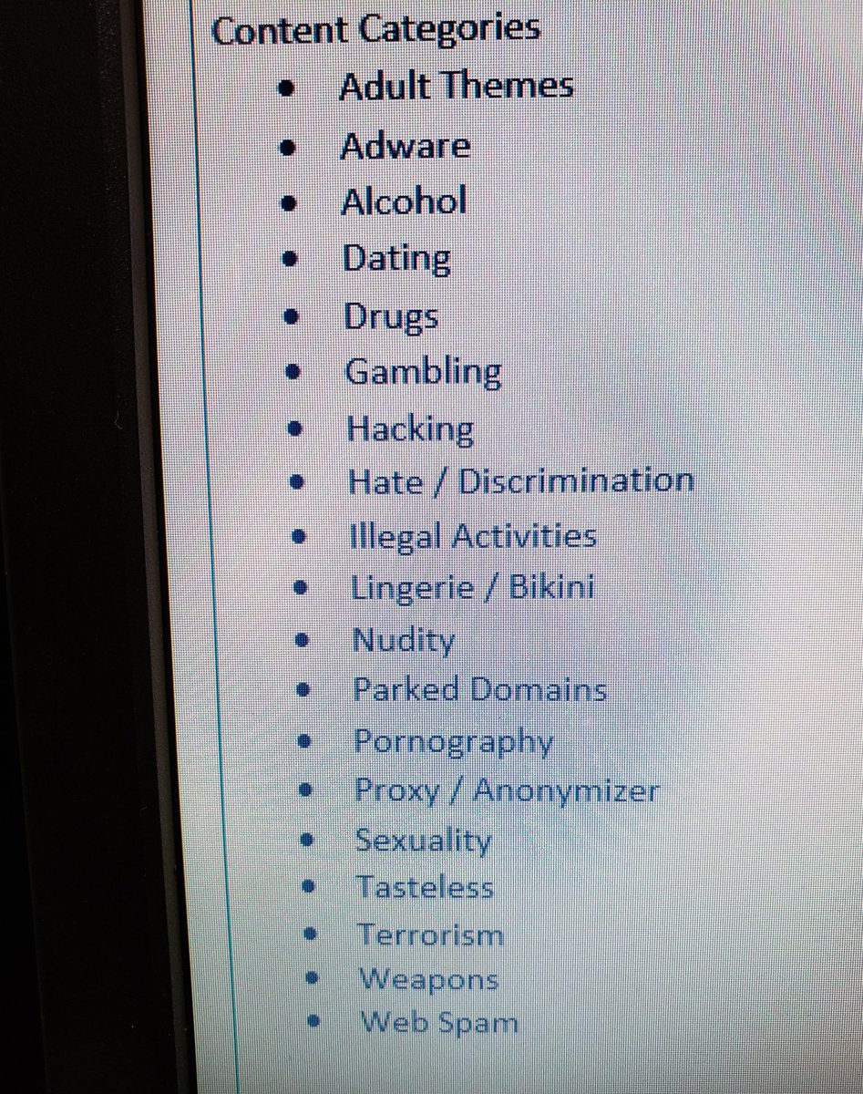 melsolis_522's tweet photo. Recieved an email form our IT Department at work. Apparently they have had some issues with people using the WiFi on their personal phones. The following will be blocked moving forward:
...side note... what is Tasteless?
#PornAtWork
#WhyWorkIsntGettingDone https://t.co/XUVZwnQ0co