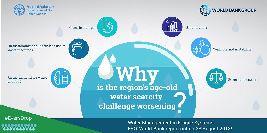 JimYongKimWBG's tweet photo. #Water scarcity is an increasingly serious challenge in the Middle East and North Africa.  Our report with @FAO shows just how vital effective water management is for growth and stability in the region. #WWWeek2018 https://t.co/BXn1dstI9V https://t.co/ZqaKiXub64