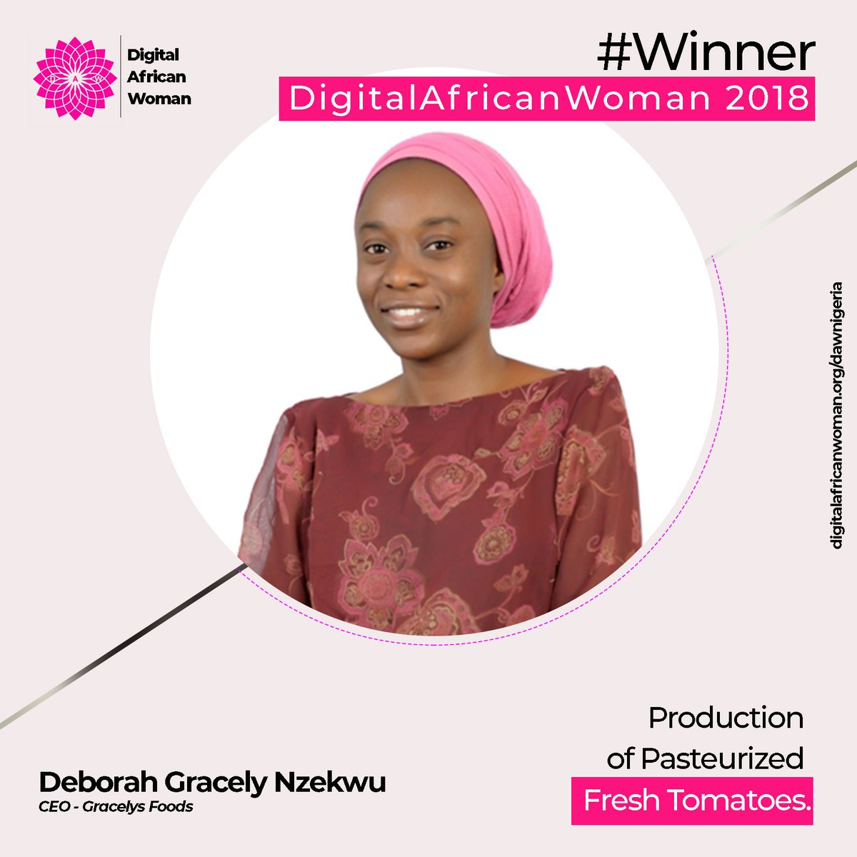 WomanDigital's tweet image. Meet Deborah Gracely Nzekwu, the CEO of Gracely foods NG - producers  of Pasteurized Fresh Tomatoes and one of the three winners who was selected for Investment by DAW. Stay with us to find out more about our winners #TrainedbyDAW #DAW2018