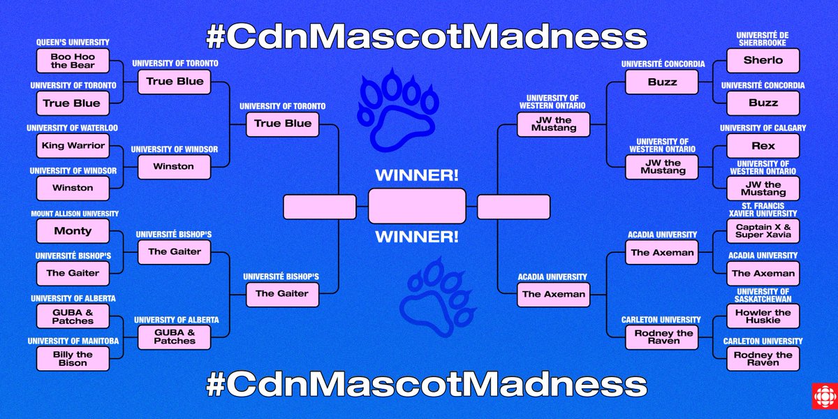 CBC's tweet photo. FINAL FOUR. After two rounds of furious voting we're down a quartet of Canadian universities whose mascots have battled their way to the semis. Cast your votes below to send two to the finals! #CdnMascotMadness https://t.co/W8JOMDJYZK