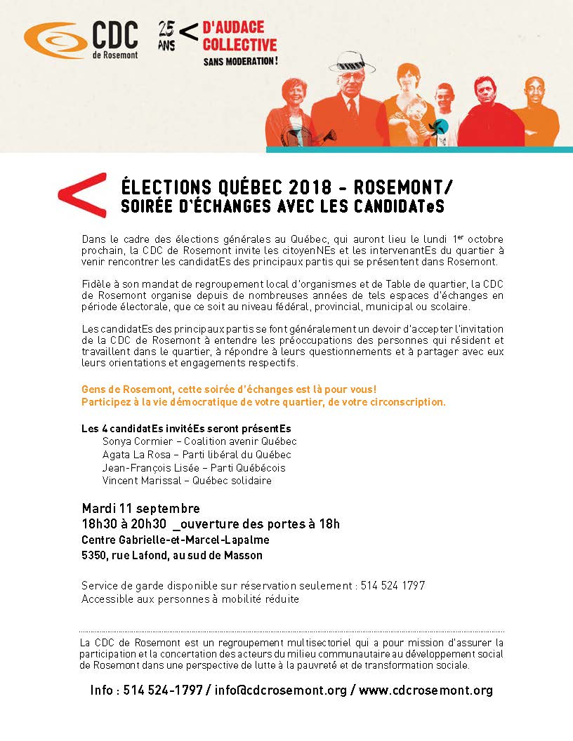 ÉLECTIONS PROVINCIALES DANS ROSEMONT / Soirée d'échanges avec les candidatEs le mardi 11 septembre à 18h30 au Centre Lapalme (5350, rue Lafond). <a href="/sonya_cormier/">Sonya Cormier</a> <a href="/ALaRosaPLQ/">Agata La Rosa</a> <a href="/JFLisee/">Jean-François Lisée</a> <a href="/vmarissal/">Vincent Marissal</a> <a href="/RueMasson/">RueMasson.com</a> @JournalRosemont #polqcrosemont #polqc