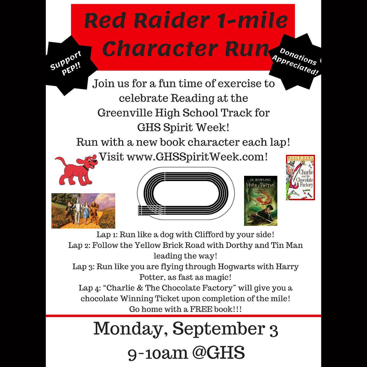ghsspiritweek19's tweet photo. Come out to the GHS Track and Run with your favorite Story Book Characters! Donations appreciated! Each child will go home with a free book!! Check out the Spirit Week Website! https://t.co/5miMar70Mi #raiderspepitup #makesummercount https://t.co/t10vqzeI3q