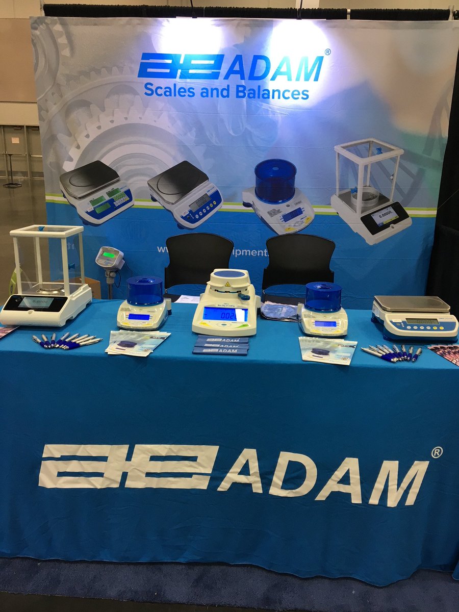 AdamEquipment's tweet photo. Our booth, 415, at #CSCC2018. You can see Highland balances, a PMB moisture analyzer, an Equinox analytical balance, our new Latitude and a GBK bench scale in the back. https://t.co/ATXDhDIT8f