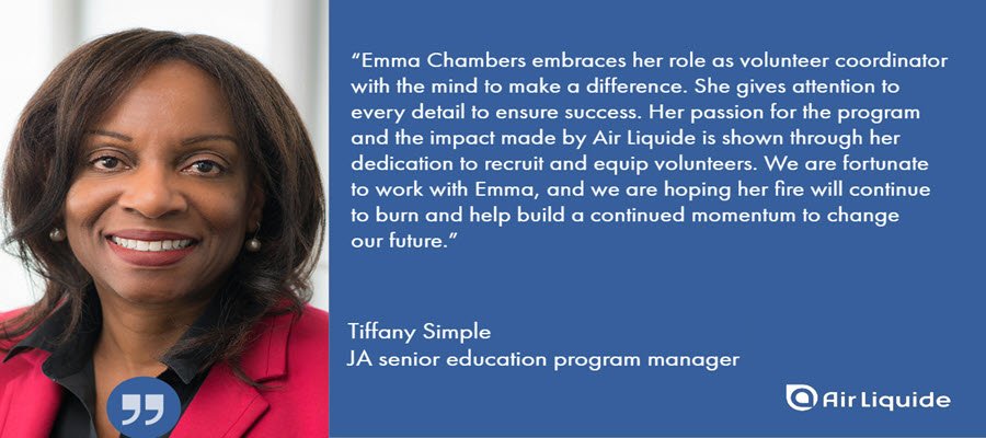 AirLiquideUSA's tweet photo. Congratulations to Corp Comms Manager Emma Chambers, who received the "Rookie of the Year" award by @JA_SET. Chambers coordinated a successful JA Day in May and a megahit bowl-a-thon in July that saw 27 teams from Air Liquide’s Houston headquarters raise more than $27,000. https://t.co/nPqCTkbFo9