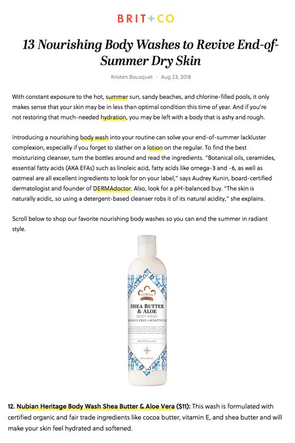 dnapublicity's tweet photo. Dealing with dry skin? @NubianHeritage has just what you need! @BritandCo featured Nubian Heritage’s Shea Butter &amp; Aloe Body Wash in their article titled, “13 Nourishing Body Washes to Revive End-of-Summer Dry Skin” #nubianheritage #dryskin #nourishing #bodywash #summer https://t.co/fblN4uw24l