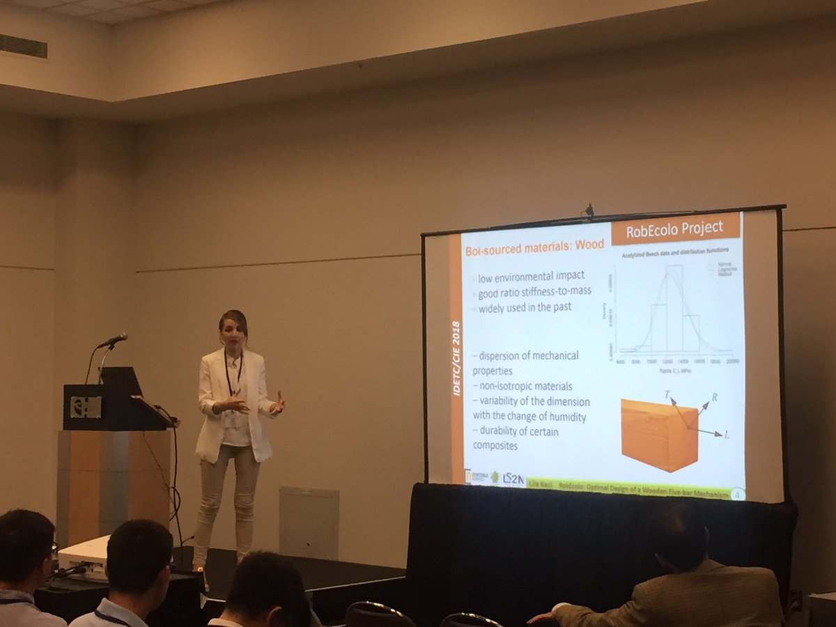 lila_kaci's tweet image. The talk of our paper RobEcolo: Optimal Design of a Wooden Five-bar Mechanism #RobEcolo project at ASME IDETC 2018 Conference #idetc2018, Quebec, Canada on August 28, 2018. 
@CentraleNantes @LaboLS2N @ARMEN_robotics