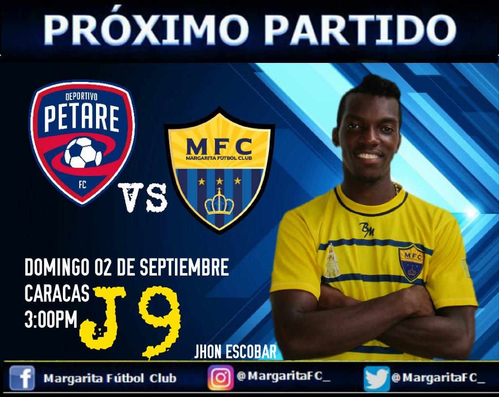 MargaritaFC_'s tweet photo. 📣| Próximo Partido|J9|
#PetareFC vs @MargaritaFC_ 
📆 Domingo 02/09/18
📍Caracas ⏰ 3:00pm
.
.
¡Vamos MFC!👍
.
#SomosMFC #EmbajadoresdeVzla
#TorneoClausura2018📆 https://t.co/BwXOFawWbG