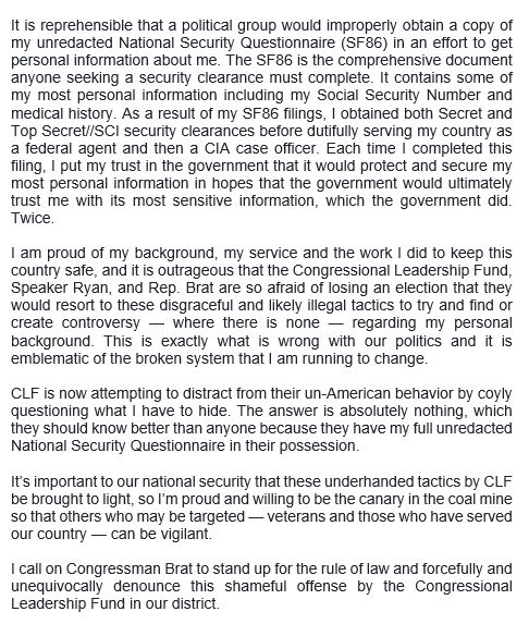 SpanbergerForVA's tweet photo. My statement in regards to the @nytimes article detailing actions by the Congressional Leadership Fund, Speaker Paul Ryan’s Republican Super PAC, to release protected personal information to score political points. #VA07

https://t.co/2iizY1lesR https://t.co/FPVIDIGTvu