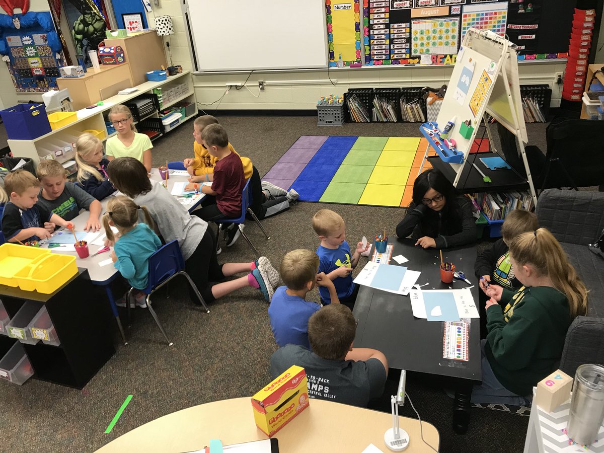 KindersBaum's tweet photo. BLUE day in Kindergarten! Our 5th grade buddies helped us with our BLUE sky art project this morning! @MrE5thgrade #BurroPride #kindergarten https://t.co/awWUzeM632