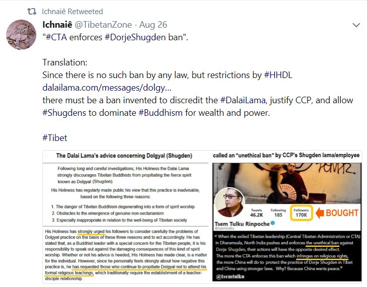 TibetenZone's tweet photo. "The more #CTA enforces the #Shugden ban, the more China will do to protect the practice using stronger laws".

Translation:
The more #FrosoTheBozo alleges there is no ban, the more CTA will undermine #DalaiLama to control #Tibetan in exile [in CTA' 
self-interest]. https://t.co/zXqgp8BhcV