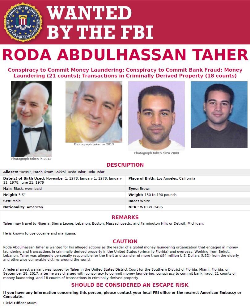 GarWarner's tweet photo. Roda Taher works closely with Nigerian #BEC criminals to build networks of money laundering mules to receive stolen funds.  #MoneyLaundering - three of his rings were arrested in and around Hialeah Florida as part of #OperationWireWire https://t.co/4os8R3F8bb