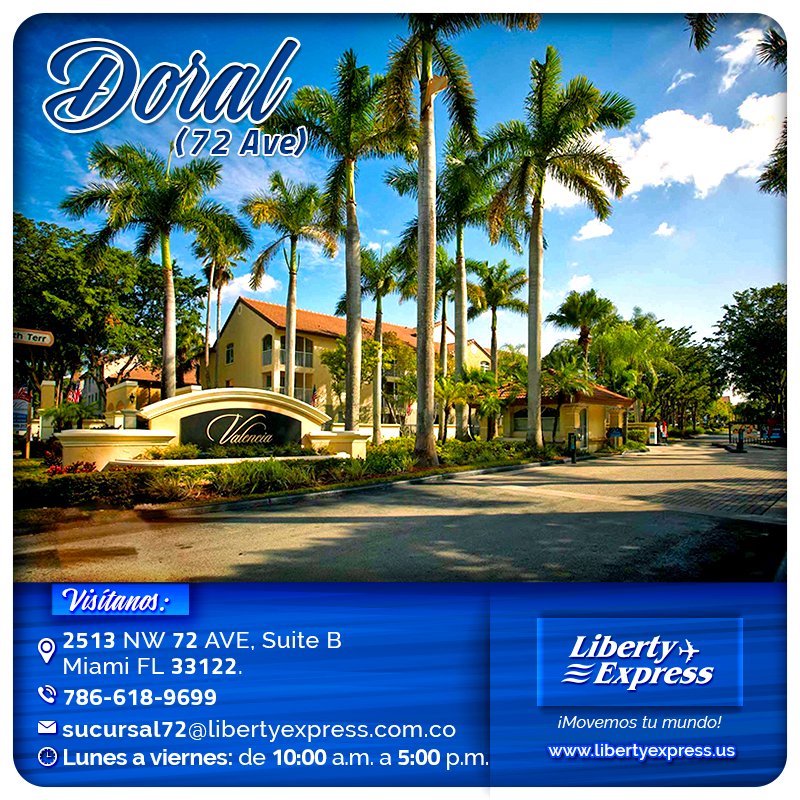 LibertyExpUSA's tweet photo. Visitanos en nuestra sucursal del #Doral, 2513 NW 72 AV, SUITE B MIAMI FL 33122 Teléfono: 786-618-9699 Email: sucursal72@libertyexpress.com

#Servicio #USA #sucursal #Courier #Miami https://t.co/q6q8pGTYJa
