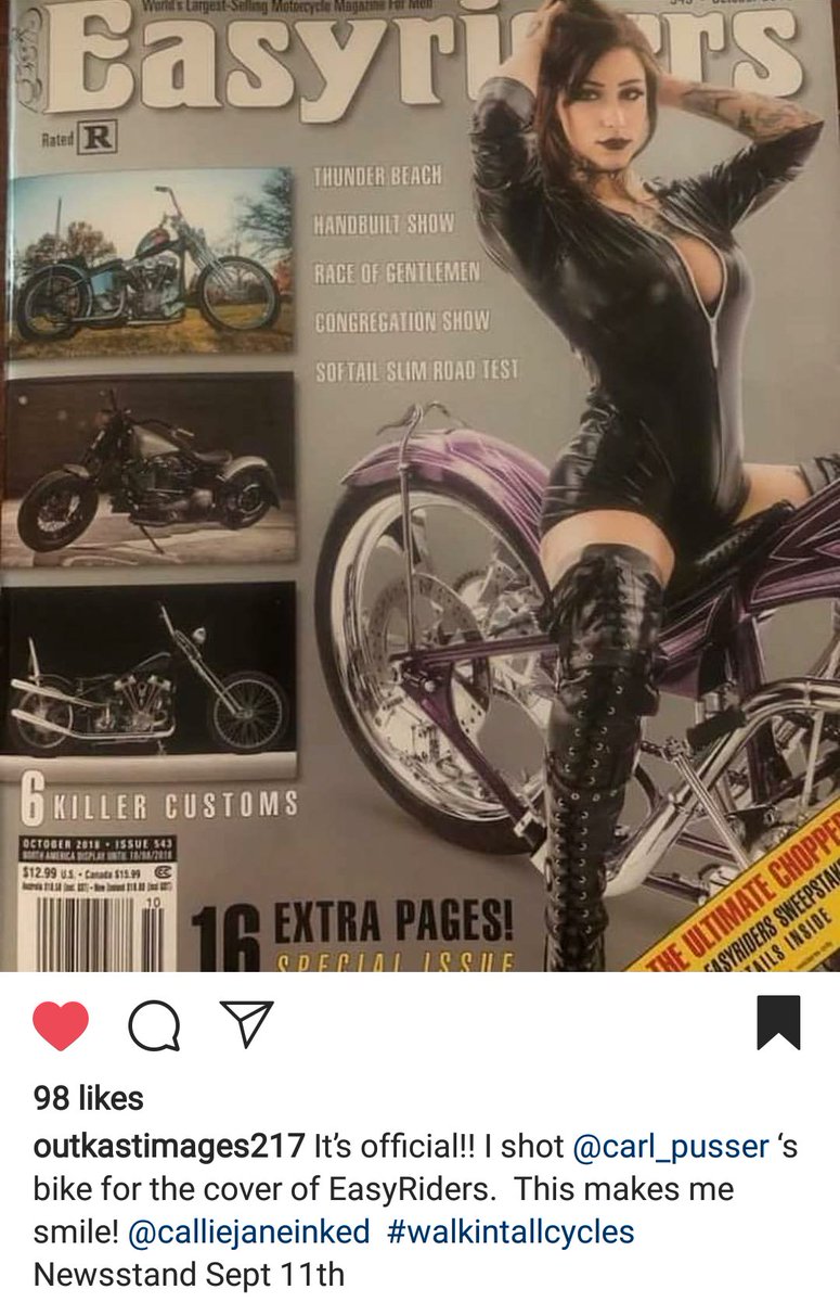 CallieJaneModel's tweet photo. Subscribers are receiving their October issue of Easyriders Magazine! That girl on the cover looks familiar 😉 😁 hitting stands September 11th.  Thank you to Kevin Willis📷, Carl Pusser 🏍, and of course Easyriders Magazine for the sweet opportunity of rocking the cover 🤘 https://t.co/gZTlqqcKPG
