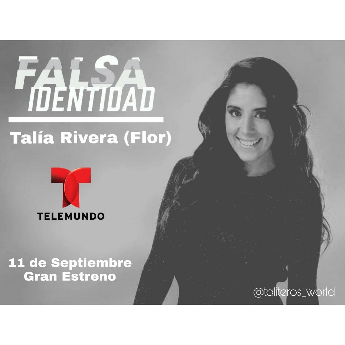 Taliteros_World's tweet photo. #RT Muy pronto conoceremos a FLOR el nuevo personaje que dará vida nuestra ACTRIZ FAVORITA @talia_riveraa y vamos a disfrutar mucho de su trabajo en la nueva serie @falsaidentidadtv producida por @telemundo que se estrena el 11septiembre 9pm/8c. 
Desde 🇪🇸 presente ✨Taly✨ https://t.co/09whO48SJH