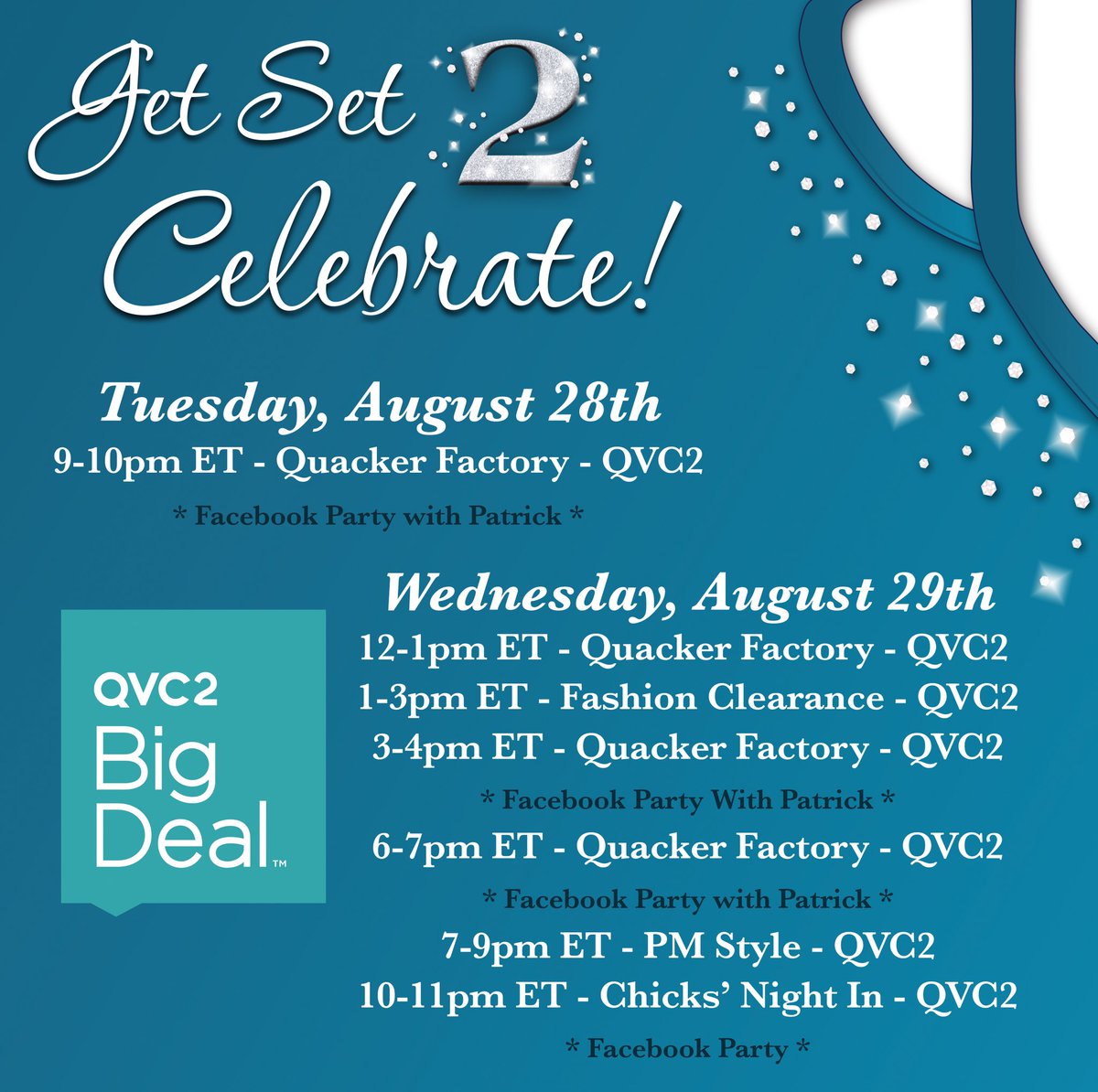 PatrickHHoy's tweet photo. Get ready for some FUN &amp; Fashion with our latest BIG Deal on @QVC 2- but for ONLY 24 hours starting tonight (Tue) at 9pm ET - and ending Wed at 8:59pm ET!  Here's our schedule - hope you can tune in - we're ready for some fun, fun, FUN! #QVC2BIGDeal #QuackTabulous #Only24Hours https://t.co/Hd9xCSAWdR