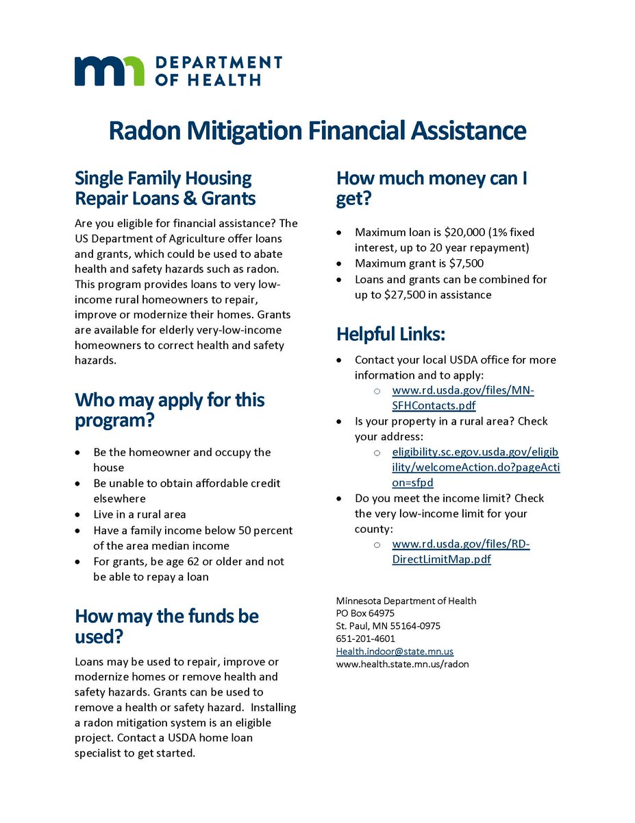 NM_PublicHealth's tweet photo. Did you have a high #Radon test level when we gave out tests last winter? 
Here is a resource from @mnhealth regarding financial assistance for a #RadonMitigationSystem. 
#NMPublicHealthHH https://t.co/BF1SBLvdGr