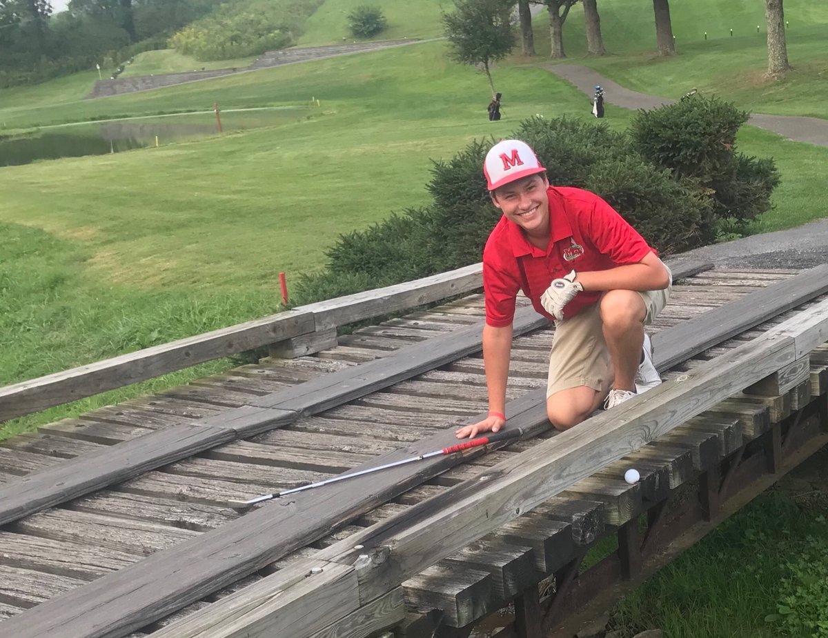 _mshsgolf's tweet photo. The Canes will travel to Tazewell tomorrow for a district match. Pictured is Jonathan Hagy at Tazewell earlier this season as he somehow managed to keep his tee shot in play after it landed on a bridge on the fly. #donthitithere https://t.co/WvuUDBCvr6