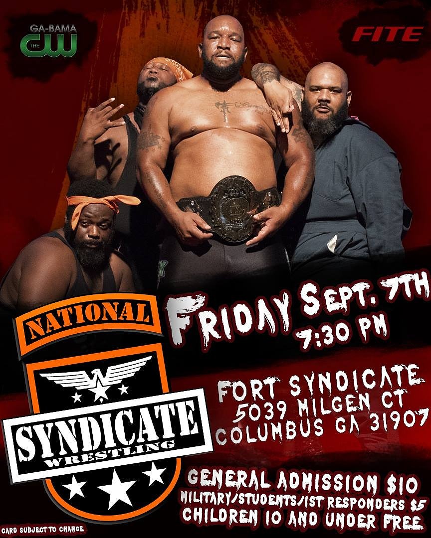 SyndicateGa's tweet photo. Will the passion of the real be able to protect Huckaby? Find out sep 7. Children 10 and under are free. Military, students, or first responders are $5. All others are $10. 5039 Milgen ct. Columbus Ga 
#nsw #passionofthereal #nationalsyndicatewrestling #syndicatewrestling https://t.co/zoIxPGXg0R