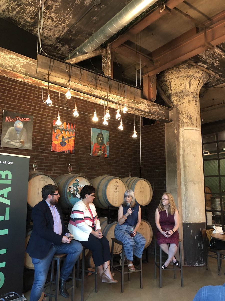 PlanPhilly's tweet photo. “When does it cross the line?” @IngaSaffron poses the question about private use of public spaces during the ‘talk’ portion of Walk - Talk the Rail Park #happyhourlab https://t.co/rxi9zaCJO2