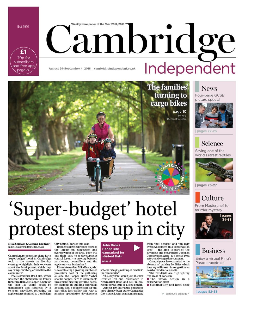 PaulBrackleyCI's tweet photo. In 104-page @CambridgeIndy we talk to those opposing #easyHotel, speak to rail user groups over fares, look ahead to @camcyclefest, explore Cambridge conservation &amp; there's 4 pages of GCSE pics. Plus Brexit impact, feature on @virtualartsltd &amp; interview with @mustbejp https://t.co/CL5eMg8CdE
