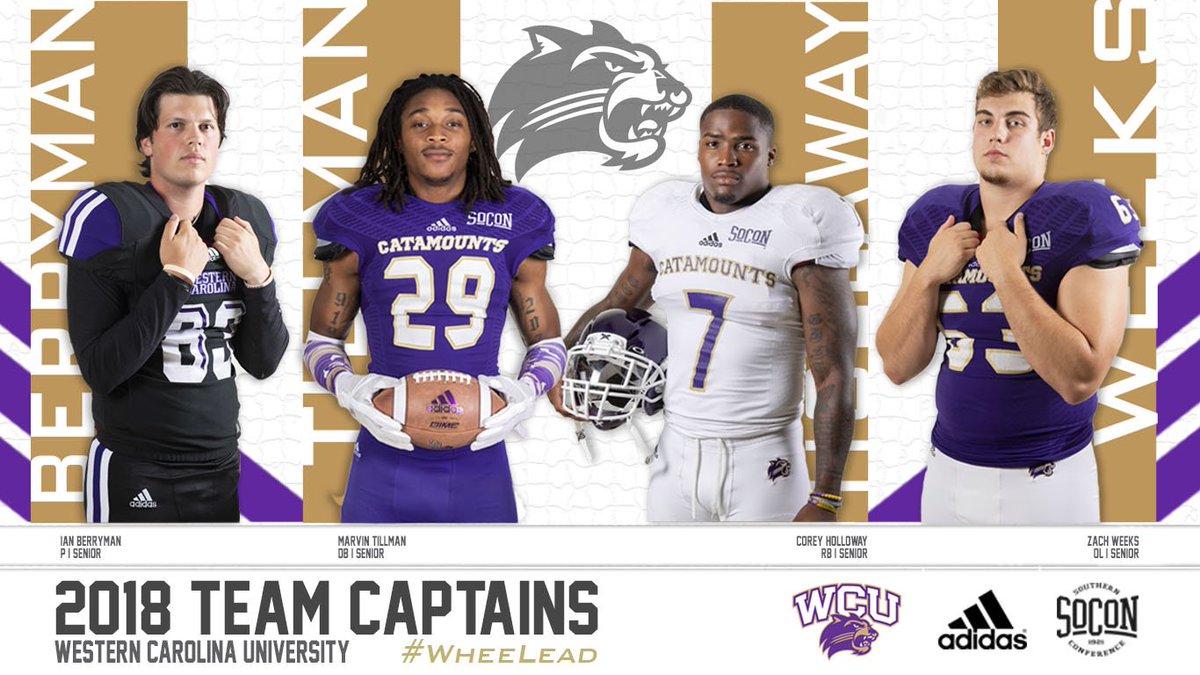 CatamountsFB's tweet photo. The votes are in! The 2018 WCU Catamount Football Team Captains have been named! As voted on by their peers, they are: Ian Berryman (@Ian_Berryman83), Marvin Tillman (@Marvin__Who), Corey Holloway, &amp; Zach Weeks (@WeeksZach)! All seniors, all deserving... #WheeLead #365tough https://t.co/OS2EmYUsAA