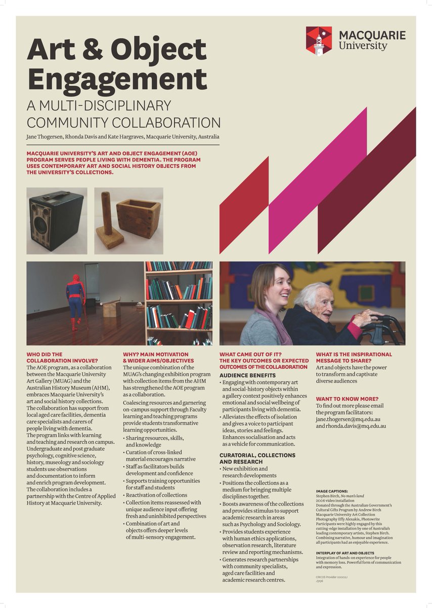 issueofART's tweet image. MQU’s Art &amp;amp; Object Engagement Program serves people living with #Dementia. The Program uses contemporary art &amp;amp; social history objects from #MQU Art Gallery &amp;amp; @AustHistoMuseum collections #AOE #OBLCoP #artanddementia More Info: jane.thogersen@mq.edu.au &amp;amp; rhonda.davis@mq.edu.au