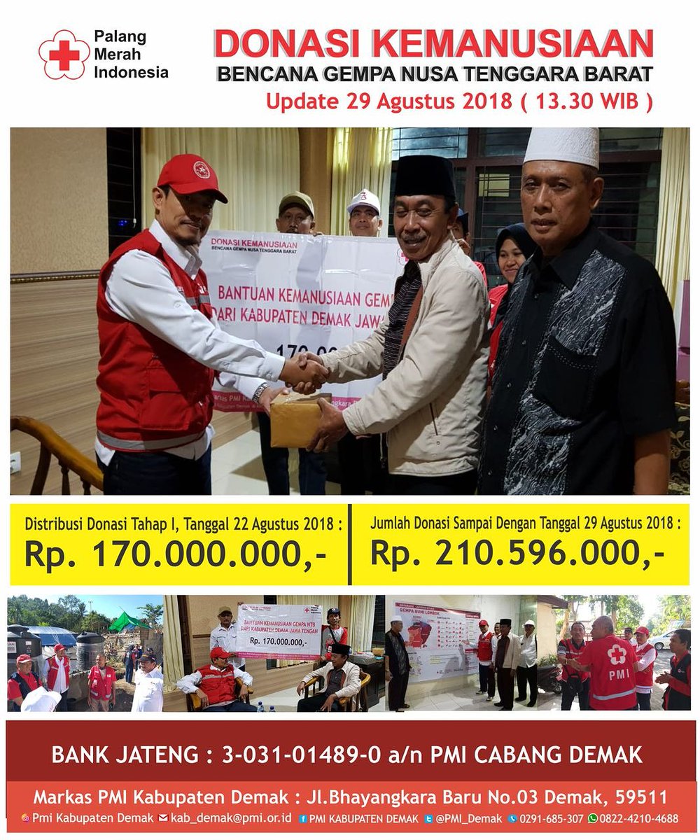 PMI_Demak's tweet photo. Update Donasi Peduli Lombok per 29 Agustus 2018
Mari kita bantu saudara kita di Lombok,
Senyum mereka senyum
Pray for Lombok. .
.
.
#pmikabupatendemak
#pmidemak #demak2018
#PrayforLombok #savehumanity #forhumanity #humanityaction #saveLombok #saveNTB #saveworld #savepmi https://t.co/ybfnbh253l