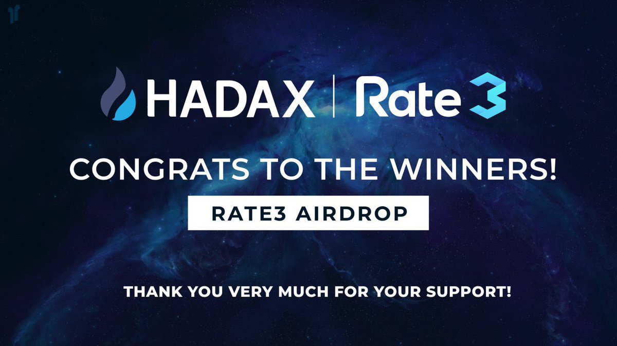 OfficialRate3's tweet photo. 🎈HADAX x Rate3 Airdrop!🎈

The lucky winners have been notified!!📬

If you didn't get win this time, don't be disheartened,🙇🏻‍♀️ there will be more to come!!

Stay tuned for more exciting news on HADAX! ❣️

#Rate3 https://t.co/j6vrSLtSRH