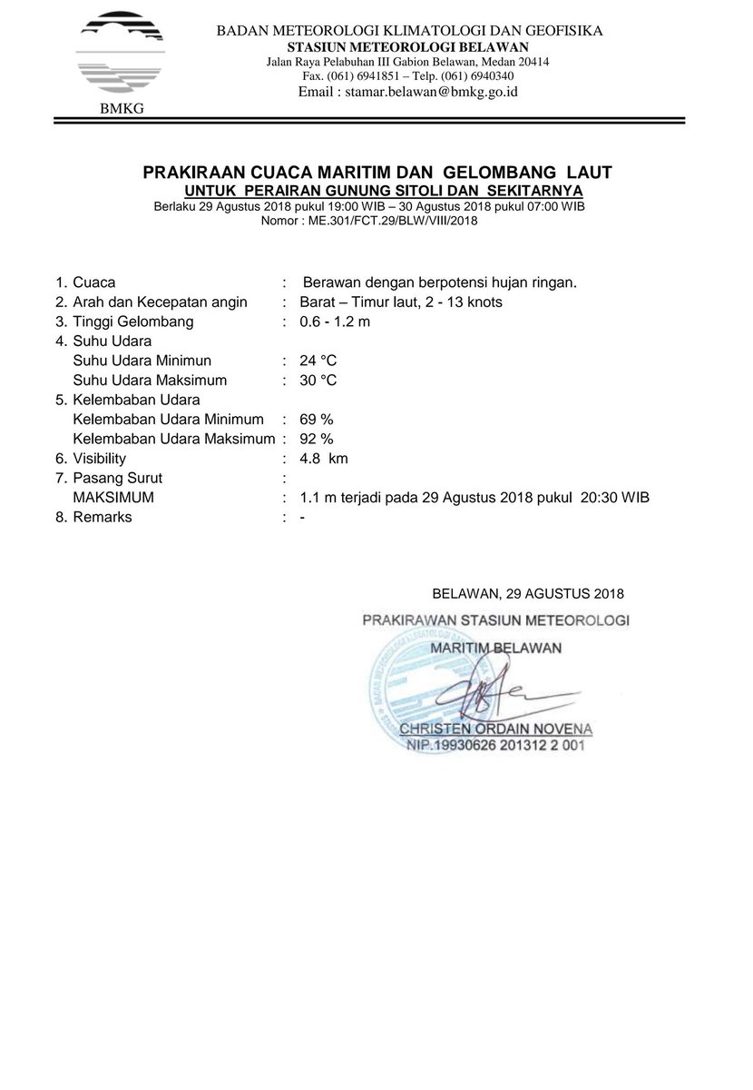 bmkgbinaka's tweet photo. Info prakiraan cuaca maritim dan tinggi gelombang perairan Gunungsitoli dan sekitarnya utk tanggal 29 Agustus 2018.
Cc: Stasiun Meteorologi Maritim Belawan
#InfoBMKG #infoperairan #infogelombang #perairannias #perairangunungsitoli #maritimIndonesia #waveforecast #bmkgbinaka https://t.co/SMAwpoqLox