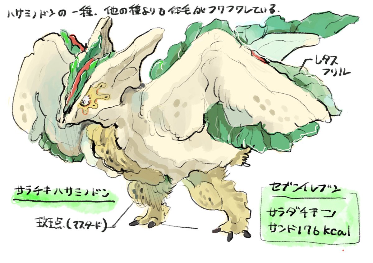 【昼食べるものを擬人化シリーズ2】
サラチキハサミノドン

ハサミノドンの一種。軽い体重を活かして長距離飛行が可能。
目の周りに特徴的なマスタード斑点が見られる。

カロリーのわりにボリュームのある味がする(食レポ) 