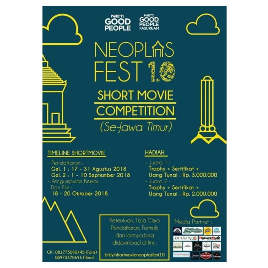 JombangID's tweet image. [ MEDIA PARTNER ] 

🎉NEOPLAS FEST 1.0 PROUDLY PRESENT🎉 🎥SHORT MOVIE COMPETITION🎥

Syarat dan ketentuan dapat dilihat di
bit.ly/shortmovieneop… …

#JombangID
#NetMediatama
#NetGoodPeople
#NetGoodPeoplePasuruan
#NEOPLASfest1.0