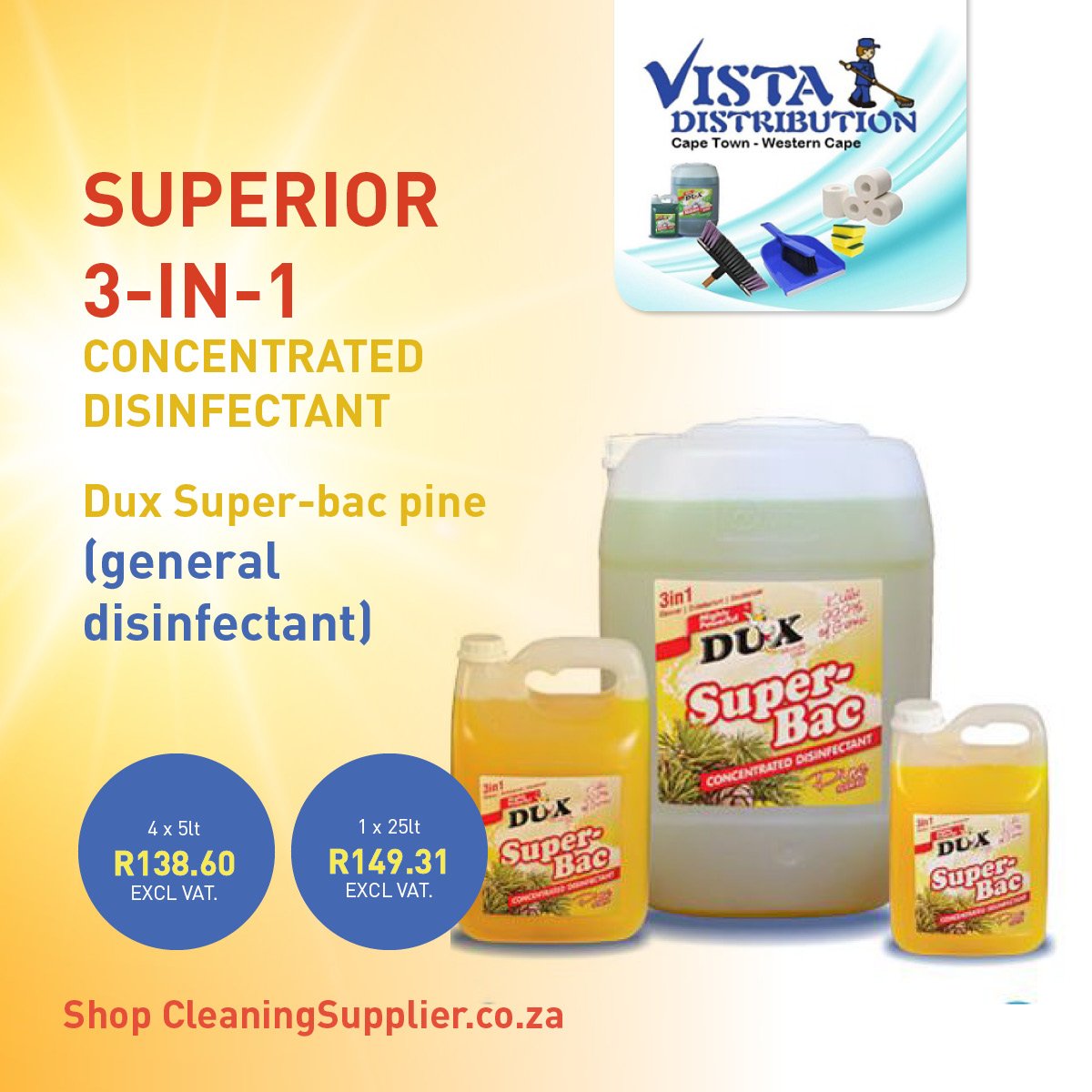 VISTADIST's tweet photo. CRAZY AUGUST SPECIALS! Buy either our Vista Bleach or Dish Multidet or Dux Super-Bac Pine in 4 x 5lt or 1 x 25lt and get either 4x scourers sponges or 4x scourers pots or 1x cloth (microfibres) for FREE! https://t.co/os2pfFBE30 #CommodityChemicals https://t.co/U3ktNQUcAB