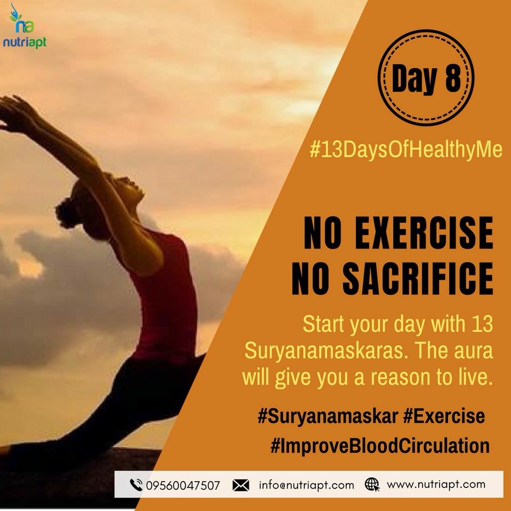 nutriapt's tweet photo. Day 8: Start your day with 13 #Suryanamskaras a day!
Surya Namaskar or Sun Salutation is an ancient technique of paying respects to the sun.
Surya Namaskar is a boon for any health-conscious person. Some of the #SunSalutation poses help lose extra fat around the belly. https://t.co/3fHRoEi5gF
