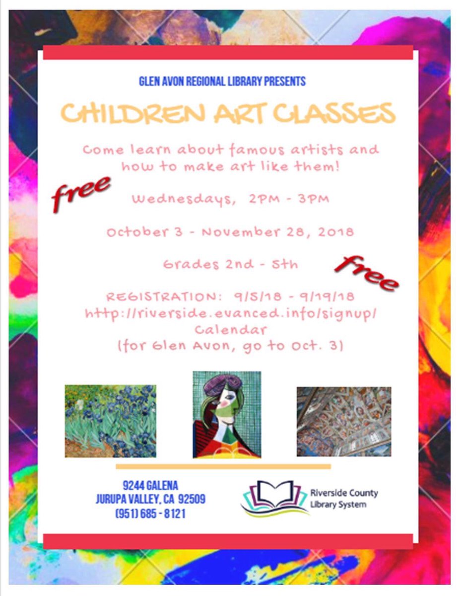 GlenAvonLib's tweet photo. Art classes for kids! Registration opens September 5! https://t.co/h76M4feJRV