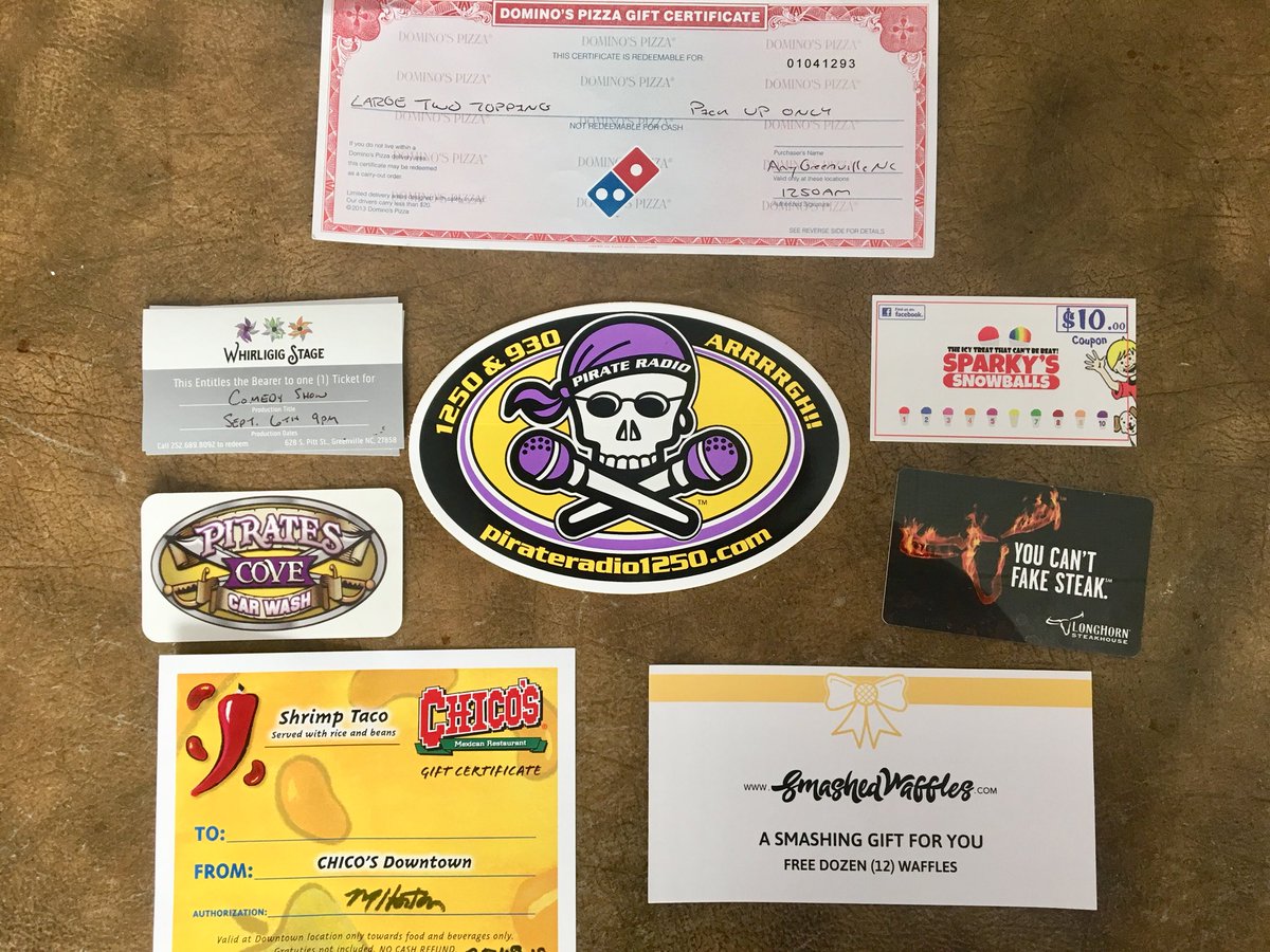 GIVEAWAY ALERT >>> RT &amp; Follow for a chance to win this awesome prize package from <a href="/dominos/">Domino's Pizza</a> <a href="/WhirligigNC/">Whirligig Stage</a> <a href="/SparkysSnowball/">Sparky's Snowballs</a> <a href="/LongHornSteaks/">LongHorn Steakhouse</a> <a href="/SmashedWaffles/">Smashed Waffles</a> #Chicos #PiratesCoveCarWash 
#WinItWednesday #Stations4Winners