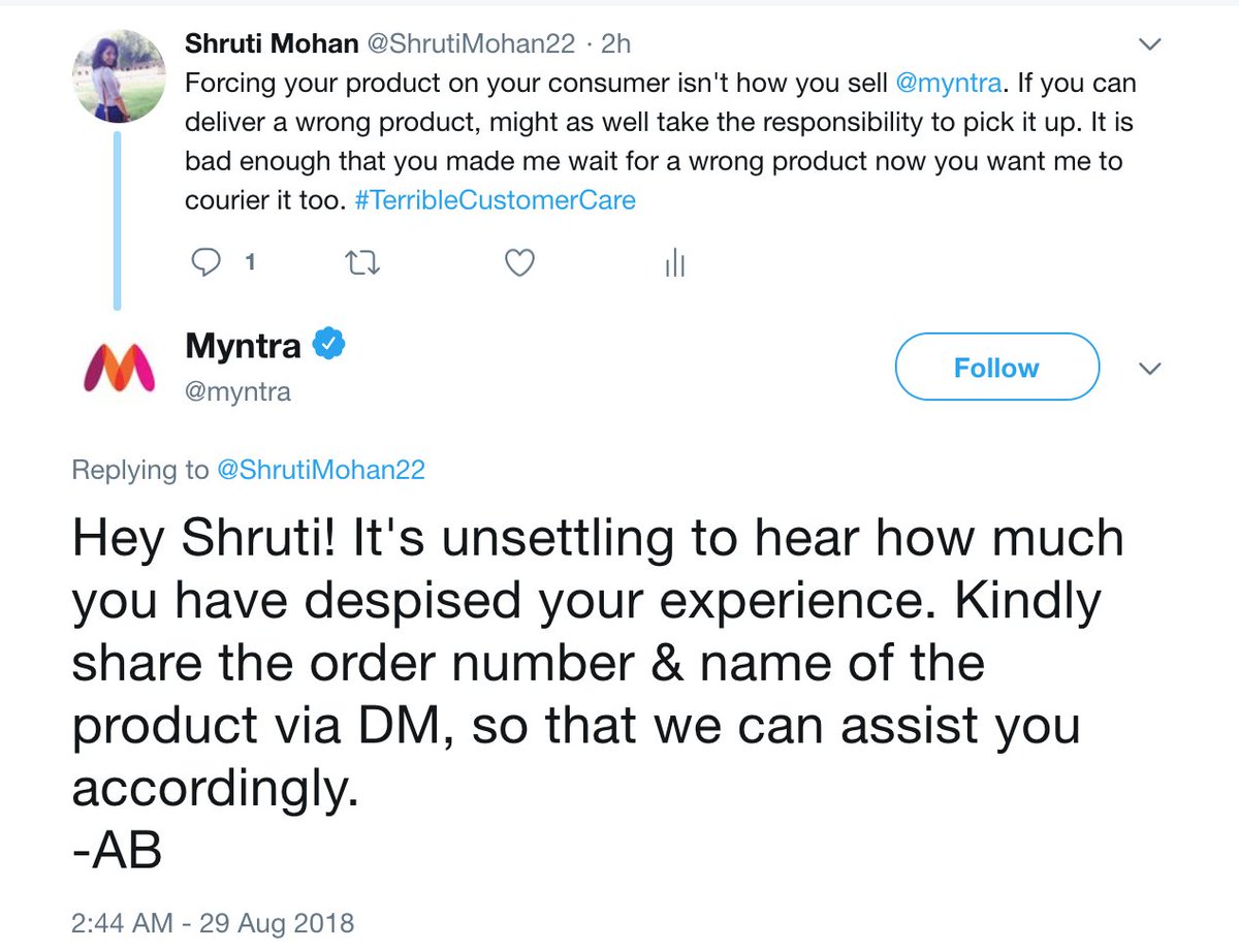 ShrutiMohan22's tweet image. Thank you for the sympathetic automated reply @myntra . Now that I have shared the information, might as well do some work and initiate the process of picking the your product. #NeverOrdering again. #TerribleCustomerExperience
