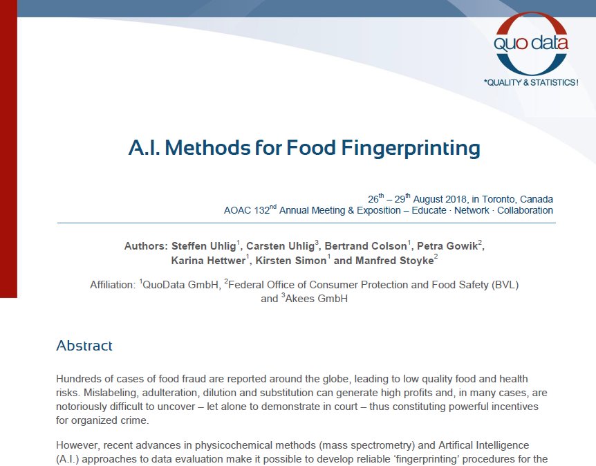 QuoData_en's tweet image. To tackle #food_fraud, QuoData has developed A.I. methods for food fingerprinting in collaboration with the Federal Office of Consumer Protection and Food Safety (BVL) and Akees GmbH. The method allows for court-proof food fingerprinting by utilizing #Artificial_Neural_Networks.