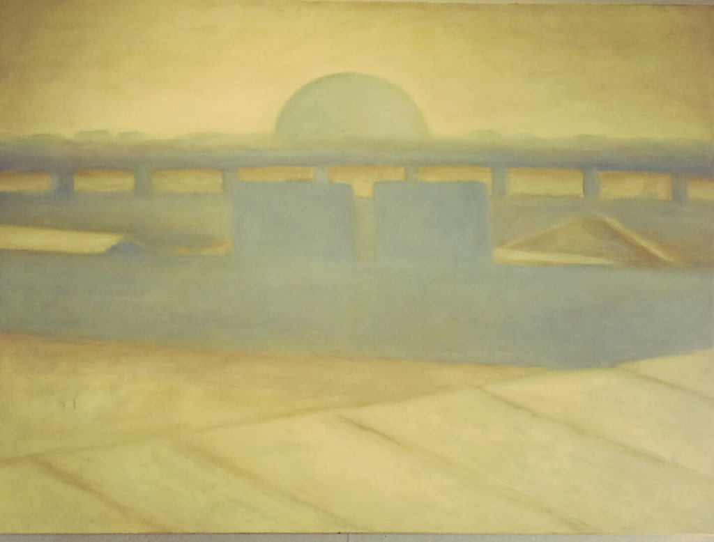 En vacker målning från Ebba Jordelius utställning på Sigtunastiftelsen. 

Ett stadslandskap. En glob. Ett ljus som blev en färg. 

#konstonsdag