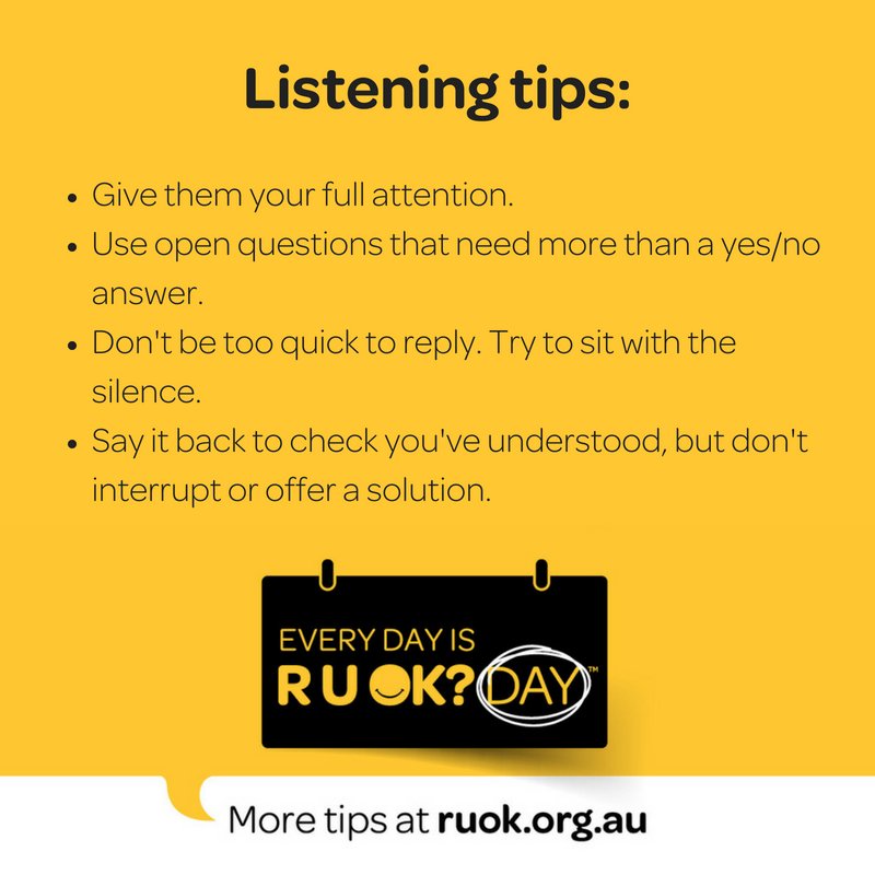 ruokanyday's tweet image. Listening can be hard work – we want to interrupt, give advice and share our own experiences – so take a breath and focus on making them feel supported, heard and understood.

Find more tips at ruok.org.au/how-to-ask #RUOK #RUOKDay #RUOKEveryday
