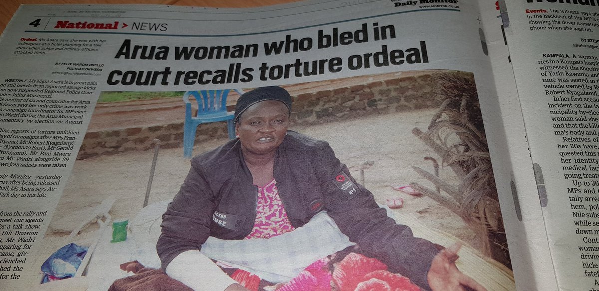 Night Asara, the local councillor who was seen in court in Gulu bleeding from her private parts, tells <a href="/DailyMonitor/">Daily Monitor</a> that she was repeatedly kicked by a senior police officer during arrest. Says she became unconscious at one point. #Uganda