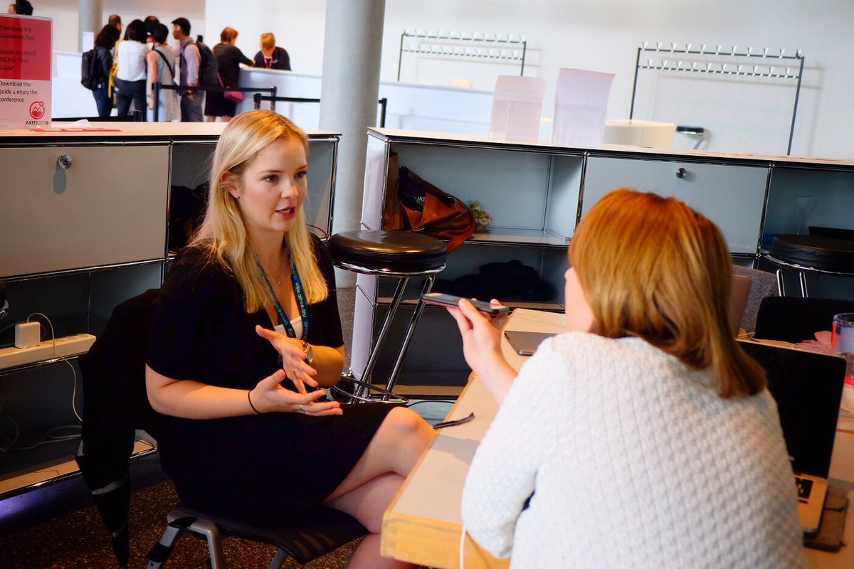 PlymUniDental's tweet photo. Thanks @AMEE_Online for the invite to contribute to #HumansOfAMEE - @PlymUniMD’s @Dr_DanielZ and @Rebecca_Baines_, talking about IPE and integration in dental education and PPI in clinical skills. Will look out for the postings! #AMEE2018. https://t.co/DlXk34B463